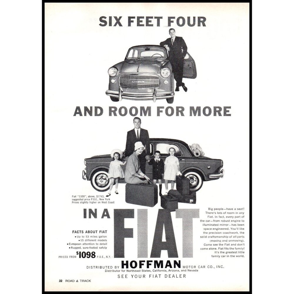 1960 Fiat 1100 Sedan Family Car Vintage Print Ad Vacation Luggage Wall Art Decor